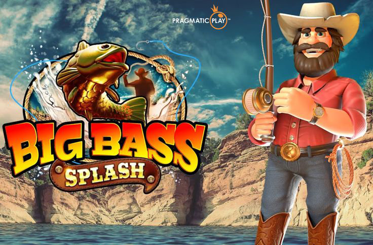 Wędkarz stojący nad tropikalnym jeziorem z dużym bassem wyskakującym z wody na tle kolorowych bębnów slotu Big Bass Splash