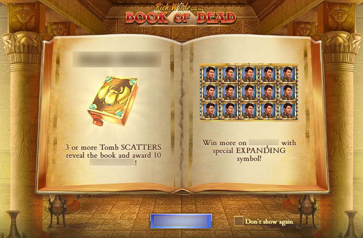 Główny ekran gry Book of Dead z postacią Rich Wilde na tle egipskiej świątyni