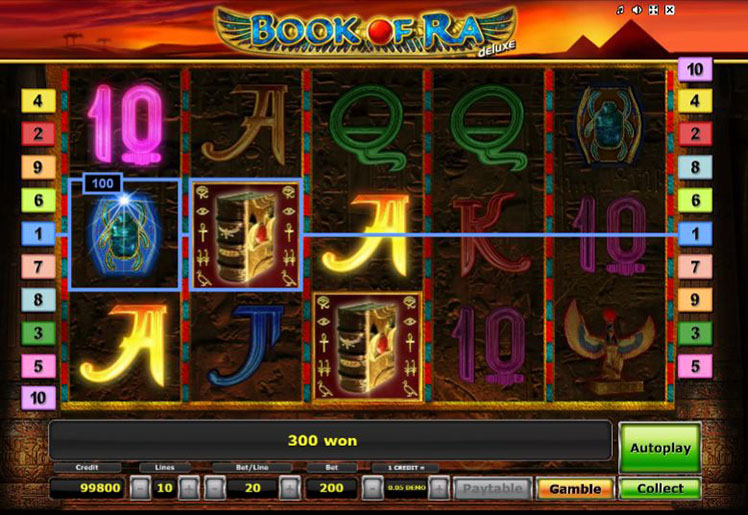 Book Of Ra Deluxe na ekranie komputera z motywem egipskim, ksiega Ra i ukladem bebnow