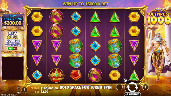 Główny ekran gry Gates of Olympus 1000 z postacią Zeusa górującą nad bębnami