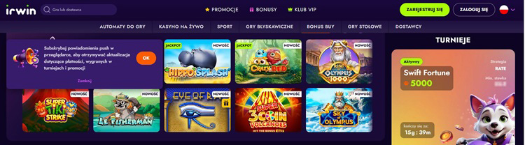 Panel bonusów w Irwin Casino — zrzut z przykładowymi ofertami