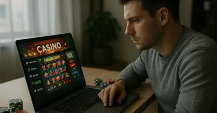 Osoba przeglądająca regulamin kasyna na laptopie – dokumenty i umowy