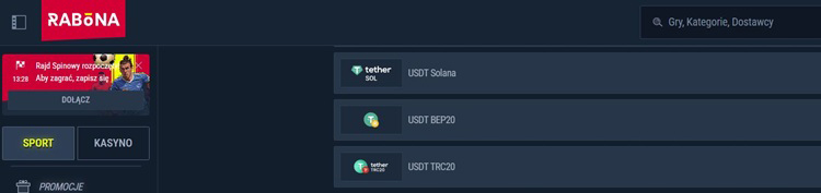 Widok kasyna online z grami USDT — sloty, ruletka, Aviator i live casino