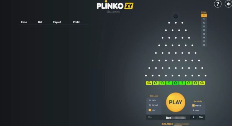Plansza do gry Plinko z kulką spadającą przez kołki i polami z mnożnikami na dole