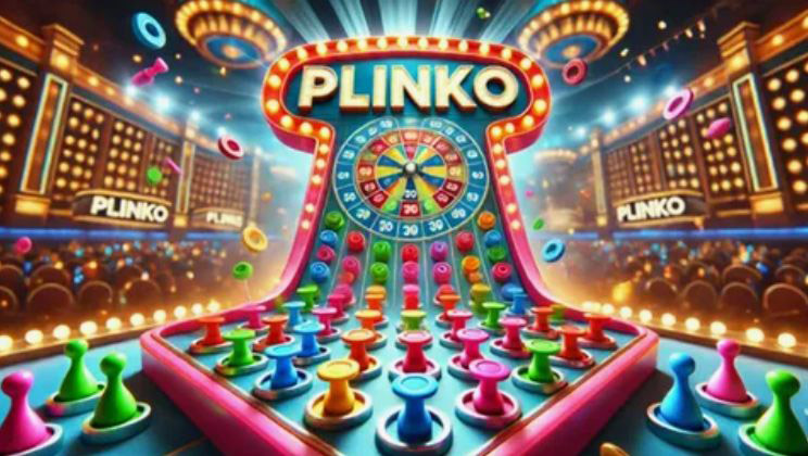 Plansza do gry Plinko z krążkiem odbijającym się od kołków — schemat