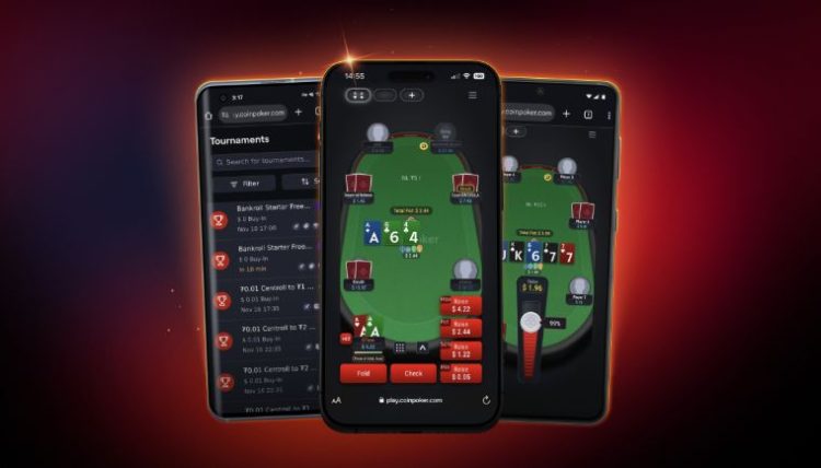 Interfejs aplikacji mobilnej CoinPoker – widok stołu pokerowego na smartfonie