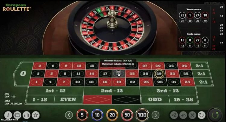 Koło ruletki europejskiej z zaznaczonymi numerami od 0 do 36 w kolorach czerwonym, czarnym i zielonym