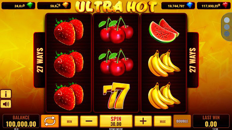 Ekran gry Ultra Hot Slot z klasycznymi owocami, symbolami BAR i ukladem 3x3
