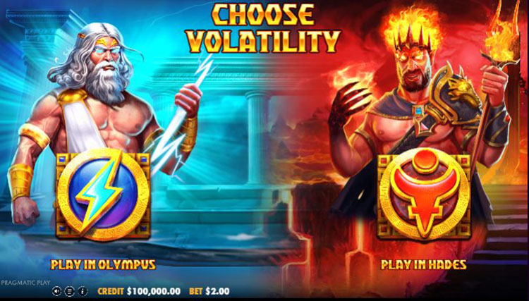 Główny ekran gry Zeus vs Hades z dwoma trybami do wyboru: jasnym Olimpem i ognistym Podziemiem